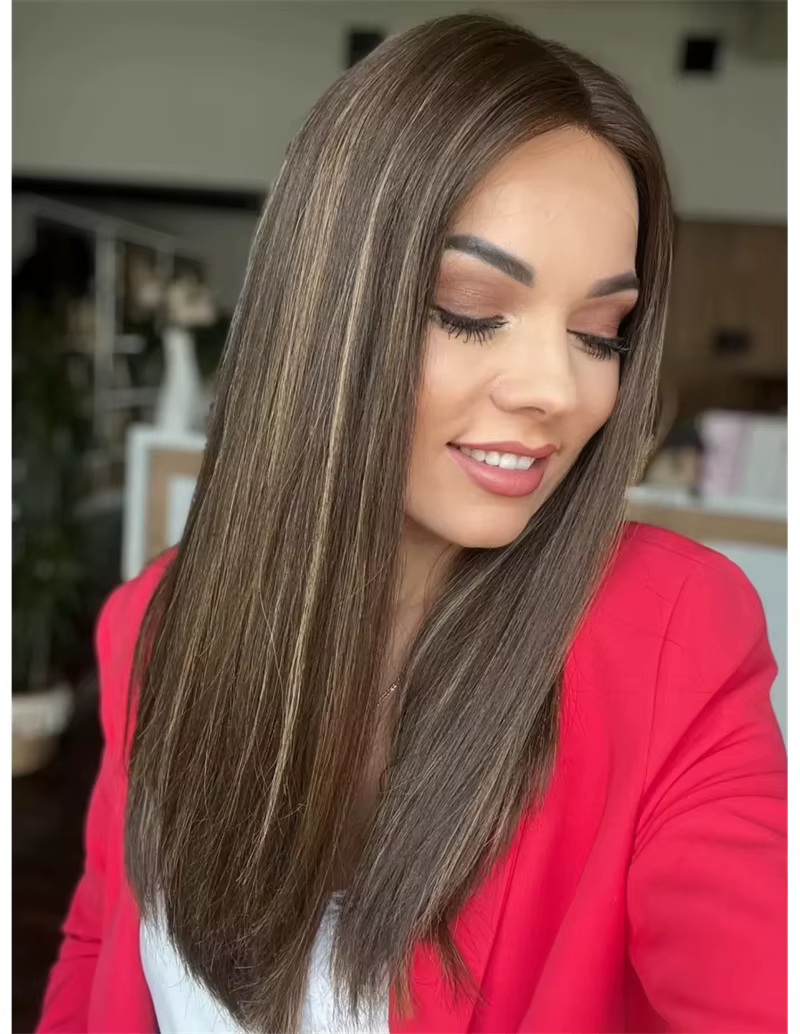 Perruque synthétique lisse et douce à reflets bruns ombrés, sans colle, Balayage en Fiber résistante