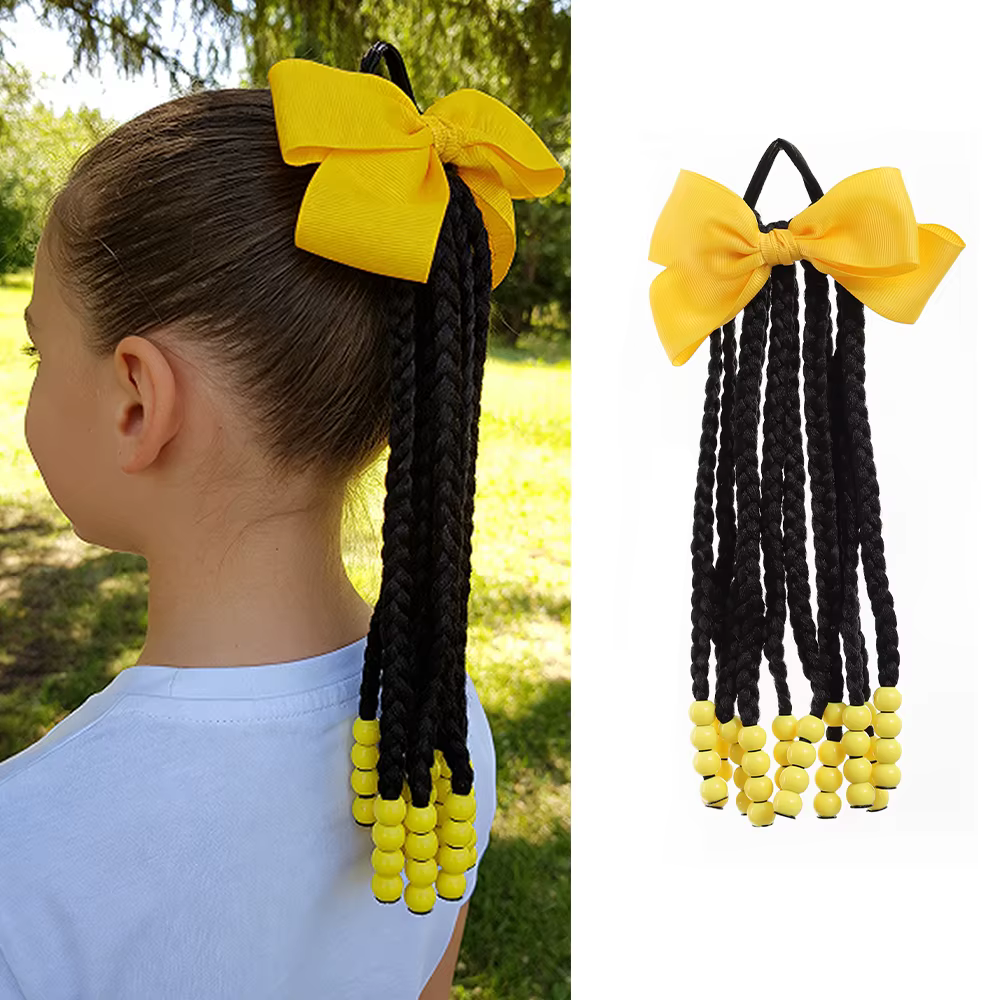 Extensions de cheveux tressées pour enfants avec perles et nœuds, queues de cheval tressées pour fil
