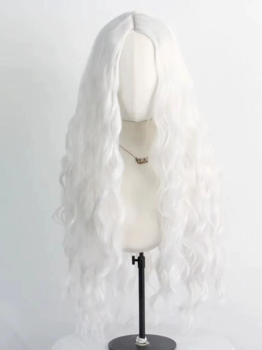 Perruque synthétique blanche extra longue à ondulations aquatiques, raie au milieu, style elfe gothi