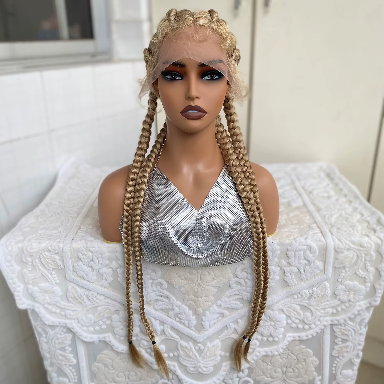 Perruque Lace Front Wig synthétique tressée avec cheveux de bébé, 32 pouces, 4 tresses Cornrow torsa