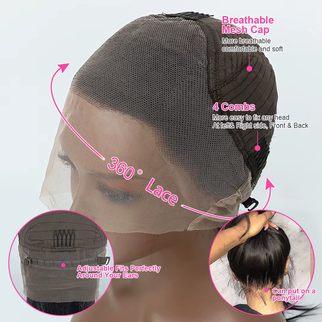 250% Kinky Straight Perruque Yaki Sans Colle 360 Natural Yaki Straight Wig Invisible Sangle Perruque