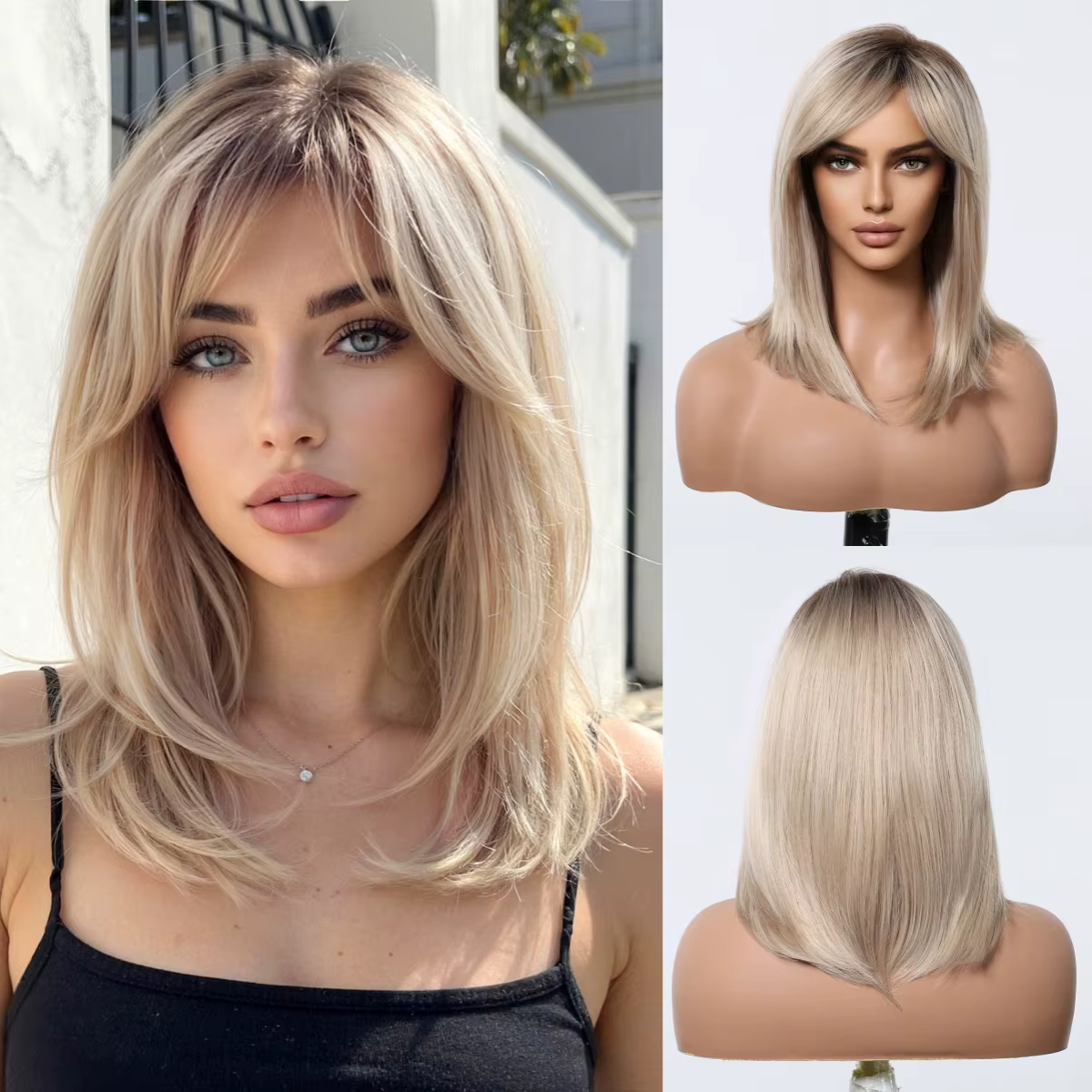 Perruques synthétiques lisses mixtes blondes platine, perruque mi-longue à racine foncée avec frange