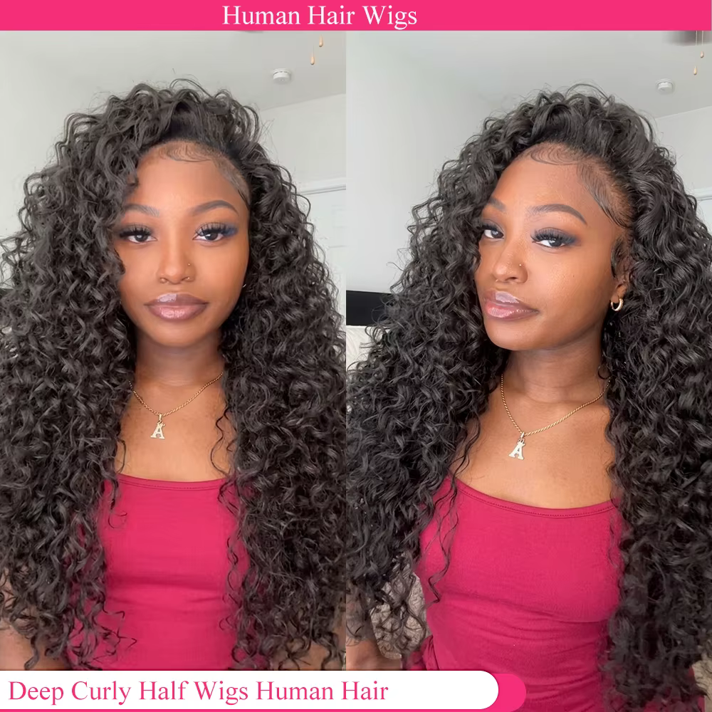 Perruque mi-tête bouclée 3-en-1 en cheveux humains, sans colle, prête à porter, avec cordon de serra