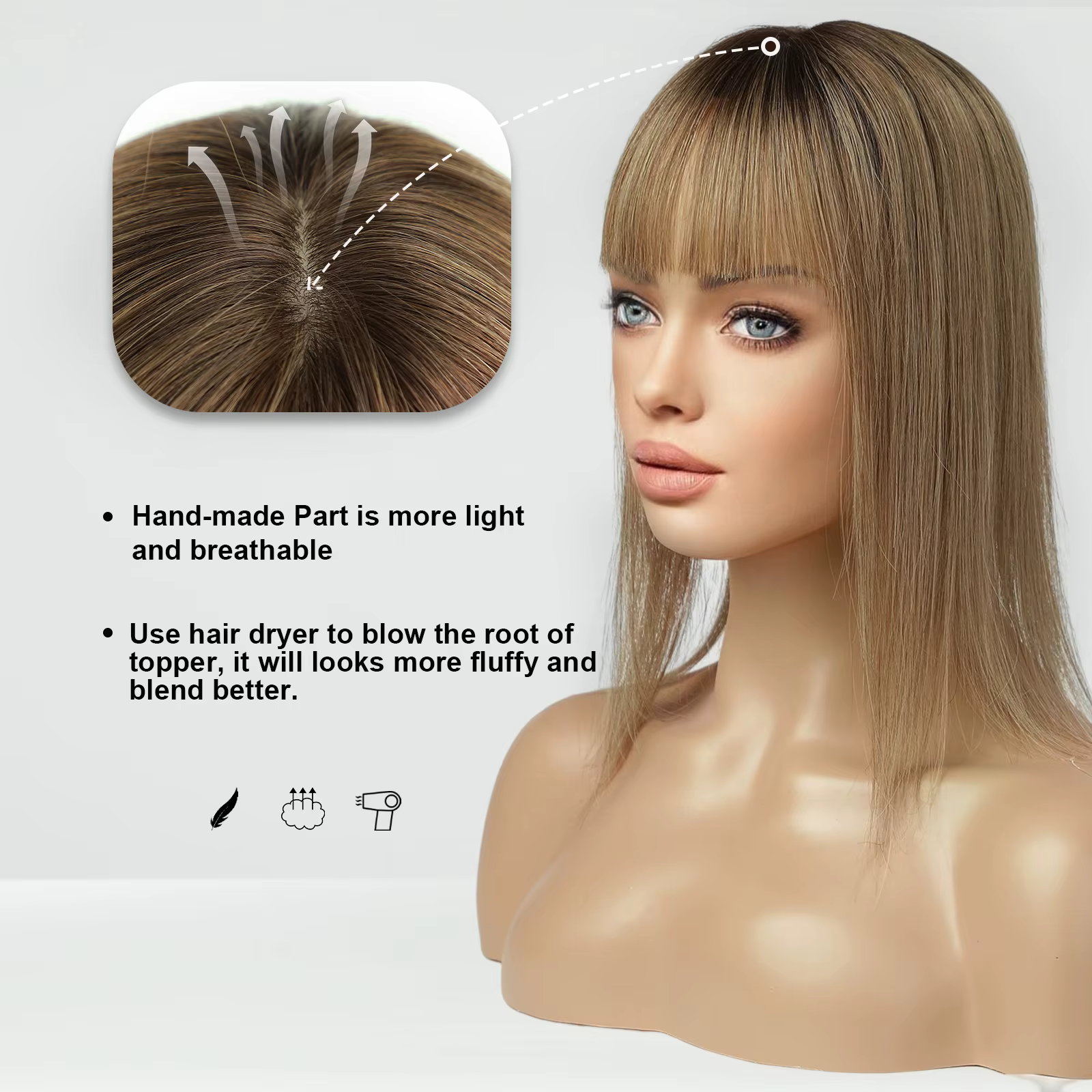 100% Remy cheveux humains Toppers avec frange 14 pouces brun ombré pièces de cheveux humains pour le