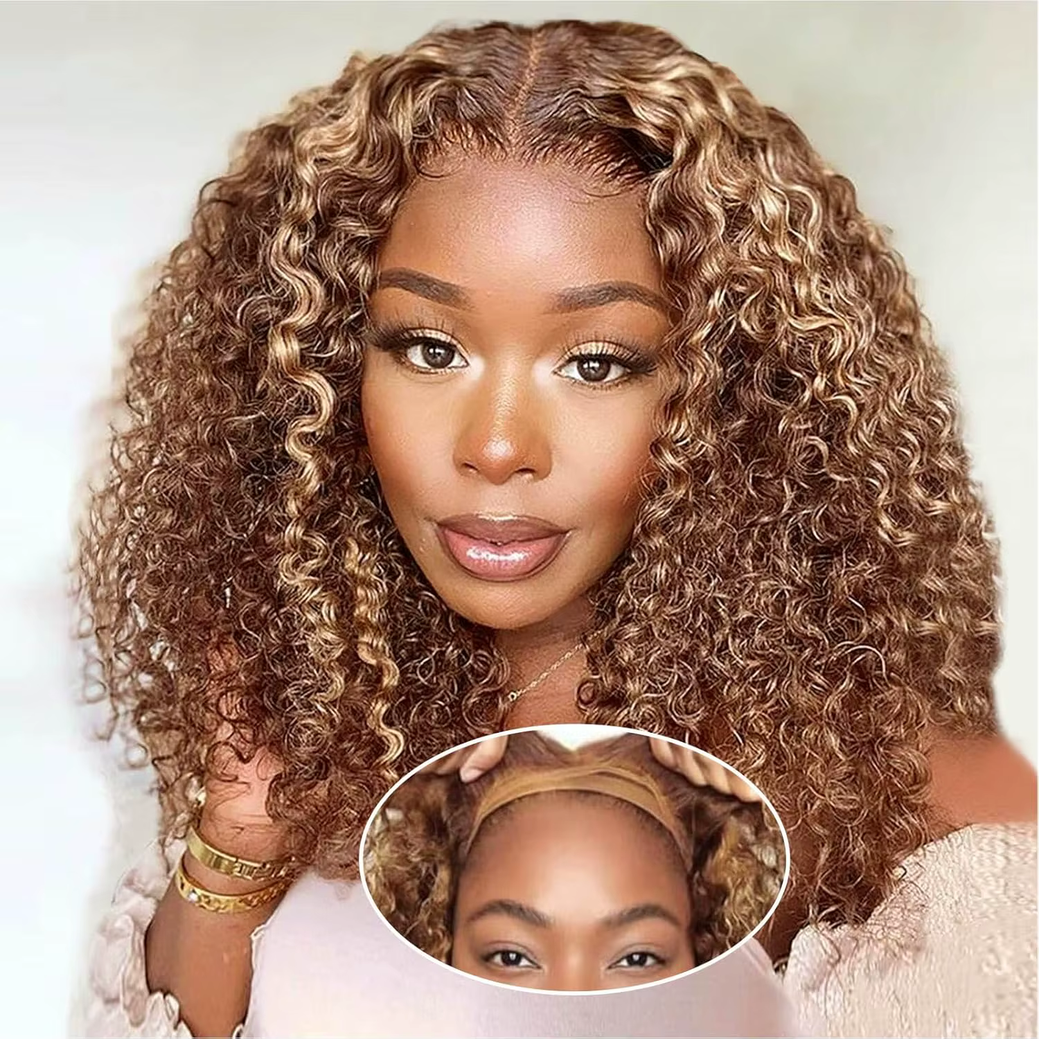 4/27 mettre en évidence la couleur bouclés Bob perruque cheveux humains vague profonde 200% densité 