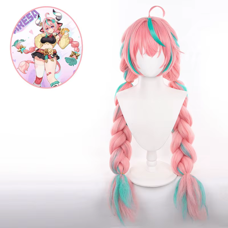 Genshin Impact Varesa Cosplay perruque 98 cm rose vert tressé coiffure perruque résistant à la chale