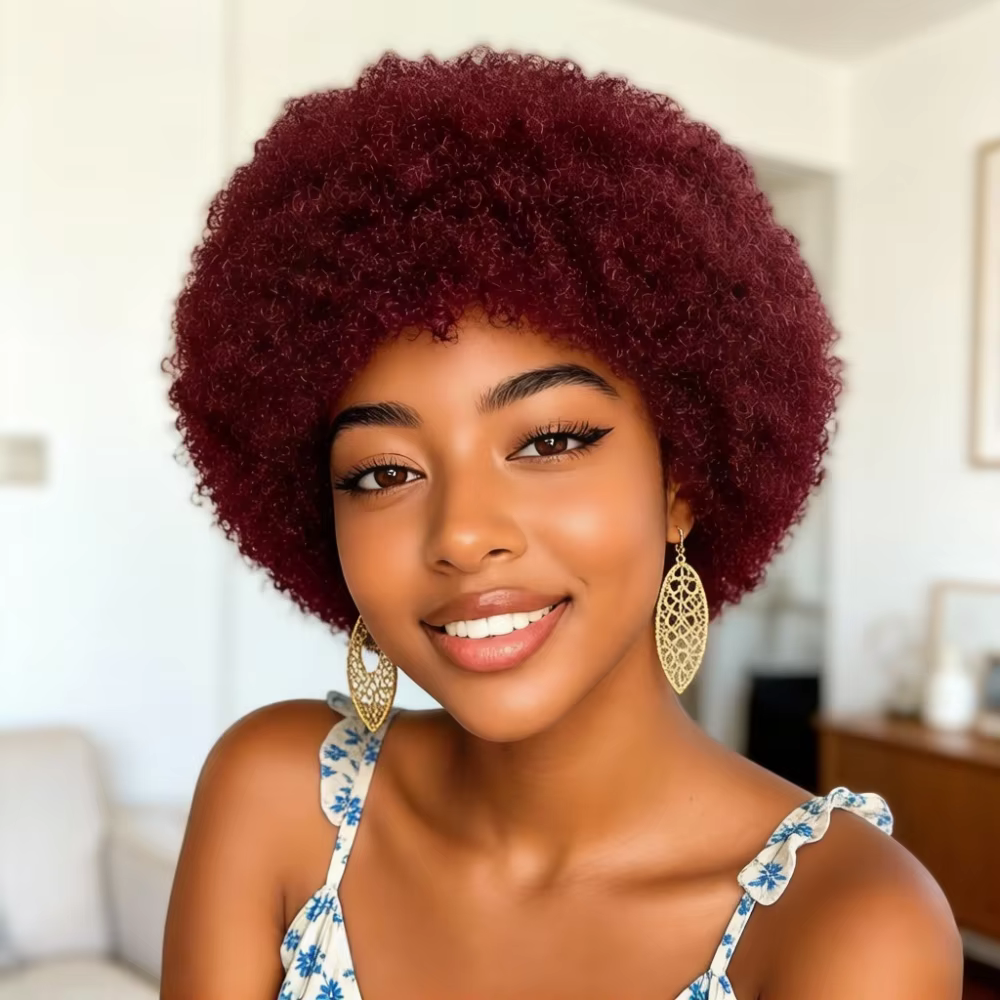 Perruque en cheveux humains bouclés afro 99J bordeaux, perruque courte bouclée entièrement fabriquée