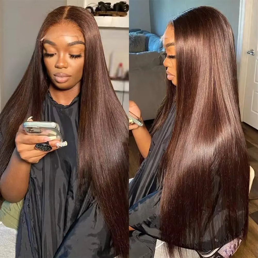 46 pouces # Perruque en cheveux humains brun chocolat, lisse, avec dentelle frontale HD 13x6, densit