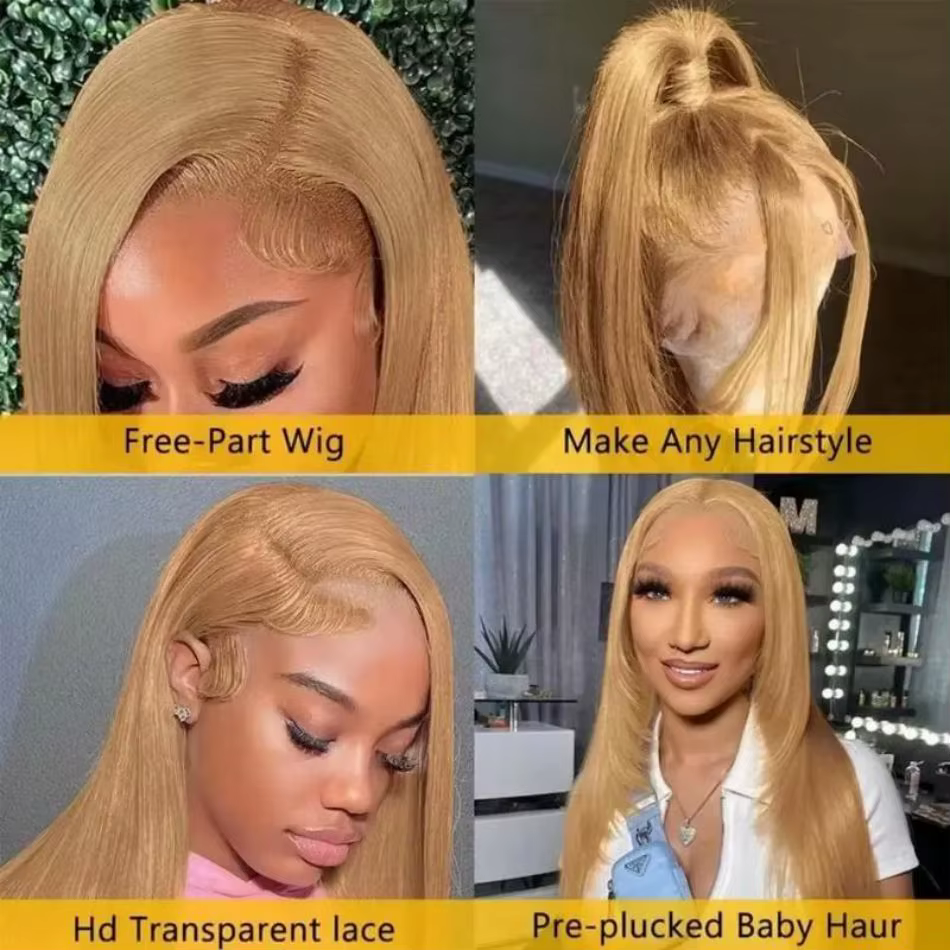 Perruques de cheveux humains lisses blond miel 27, colorées, avec dentelle frontale HD 13x6, perruqu