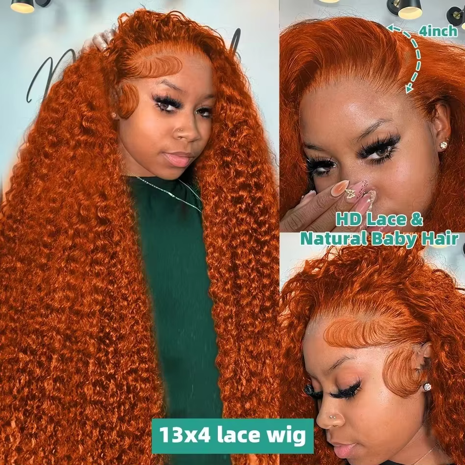 Perruques Lace Front 13x4 en Cheveux Humains Brésiliens Ondulés Profonds Ginger, 30 Pouces # Perruqu