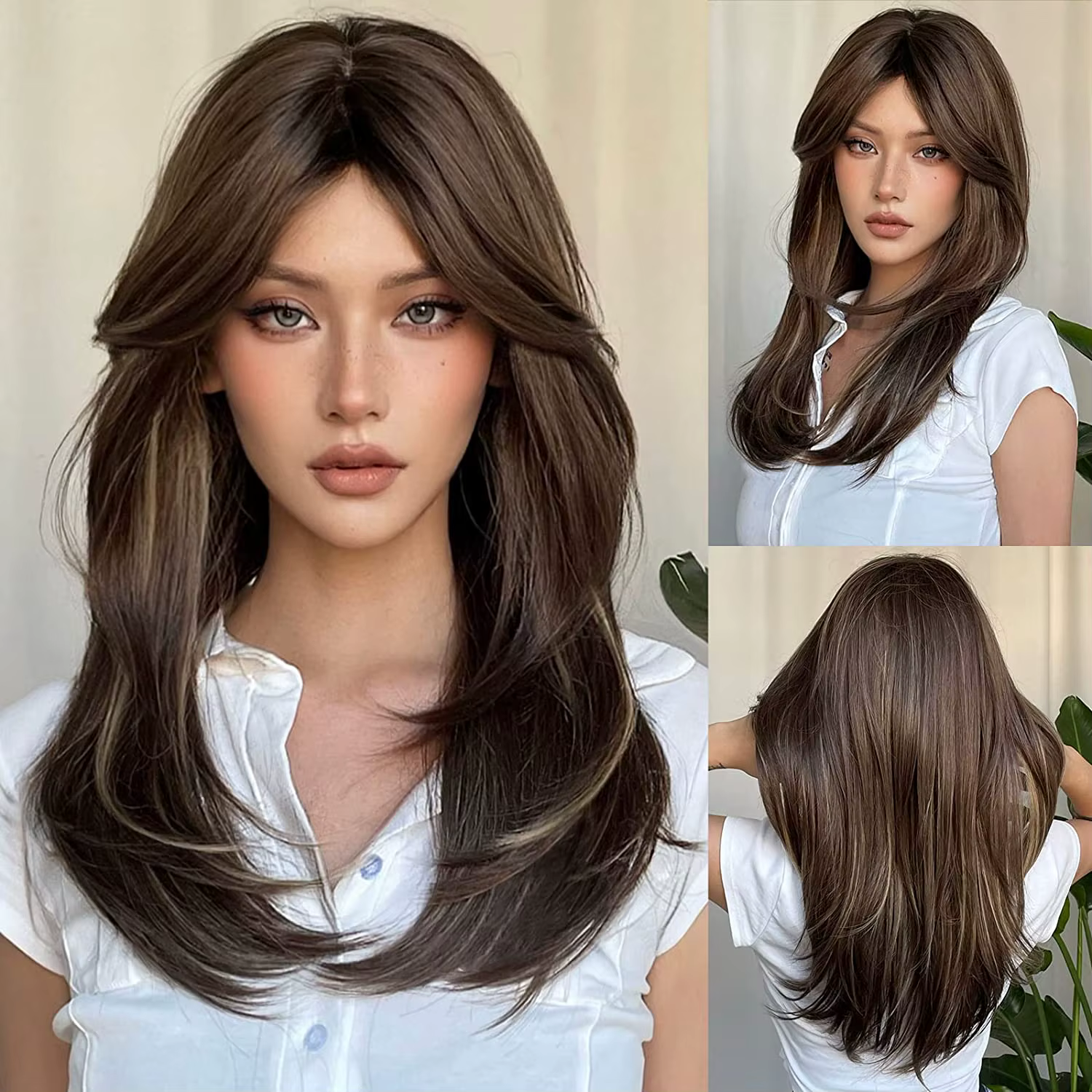 Perruque longue blonde et brune ombrée avec frange, cheveux synthétiques résistants à la chaleur, li