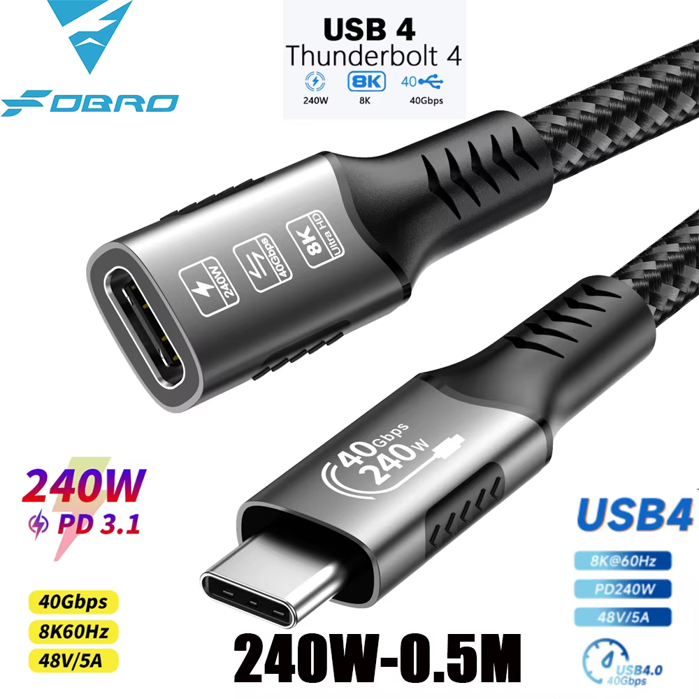 Câble d'extension USB C 4 8K, câble de charge rapide mâle à femelle, Type C UHD vidéo 40Gbps 240W PD
