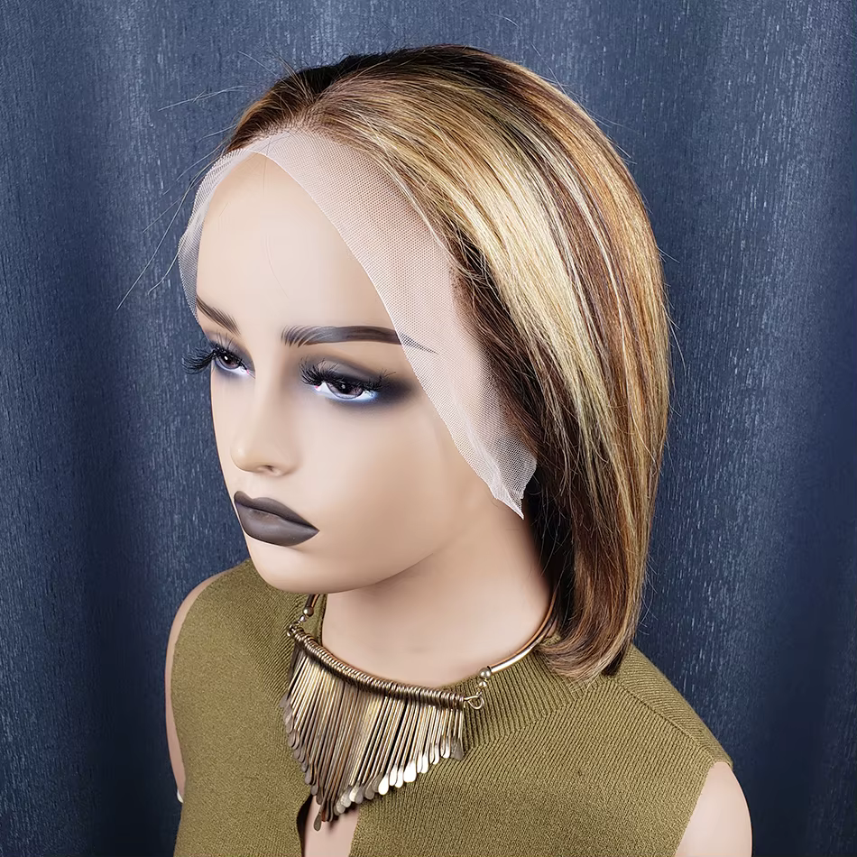 Perruque Bob Lace Front Wig naturelle à reflets blond chocolat, cheveux courts et lisses, coupe Pixi