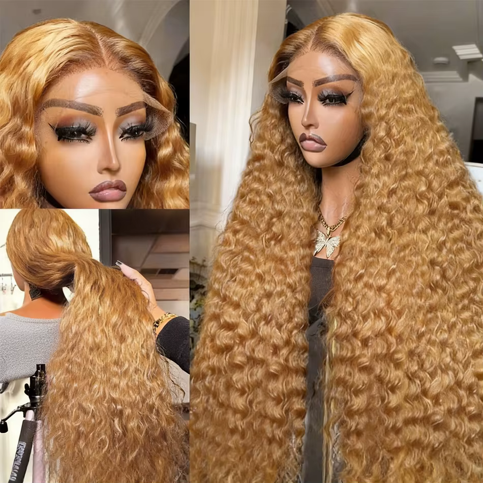 Perruque Lace Front Deep Wave 13x6 # Perruque Lace Front 27 Blond Miel Ondulée 30 Pouces Densité 200