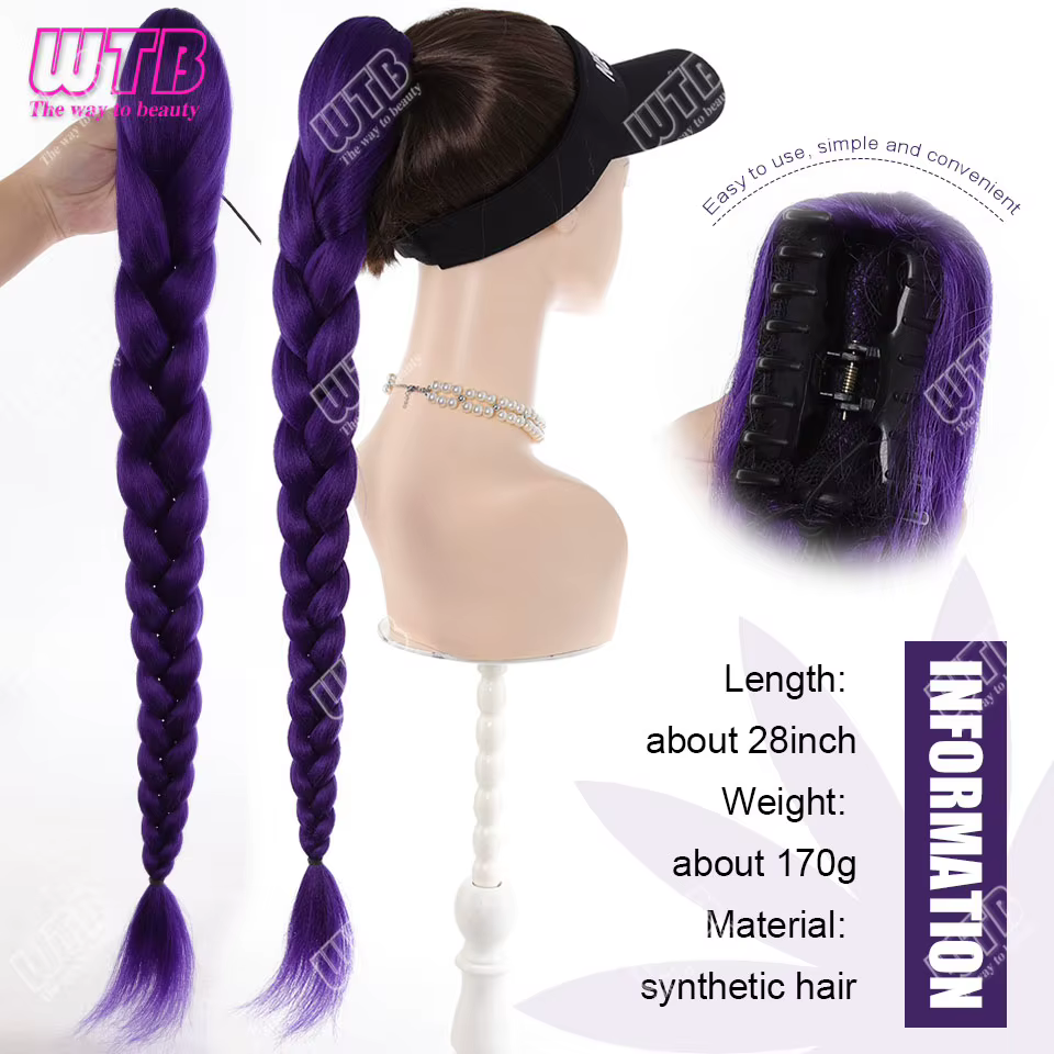 Perruque synthétique tressée violette de 70 cm, style à clipser, avec cordon de serrage, adaptée aux