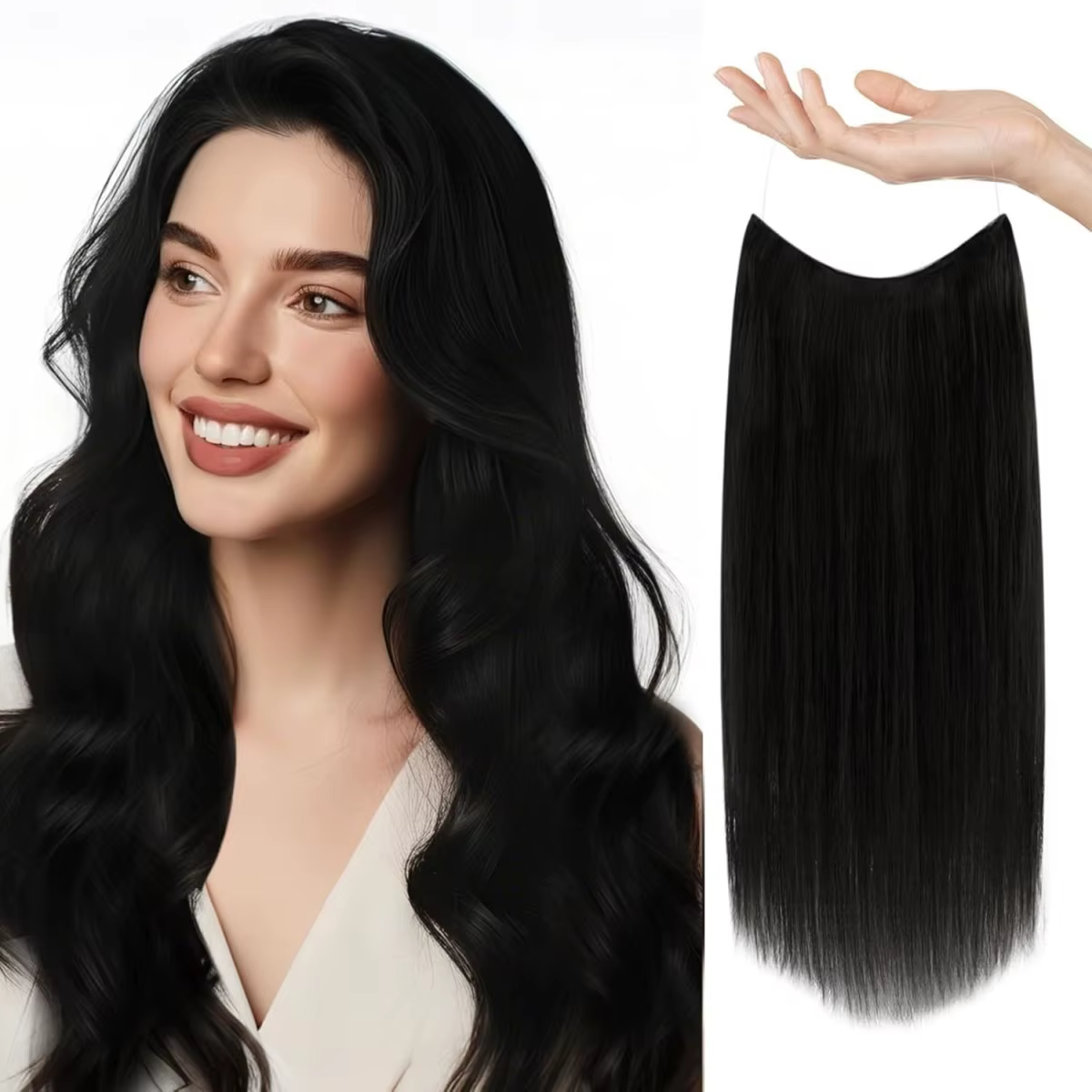 Extensions de cheveux humains Halo avec fil Invisible, bande réglable, Extensions secrètes à clipser