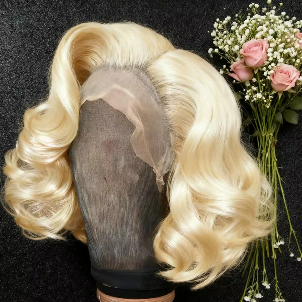 Perruque Blonde 613 Courte Bob Ondulée 13x4 HD Lace Front Synthétique Pré-Pluckée Sans Colle Pour Us