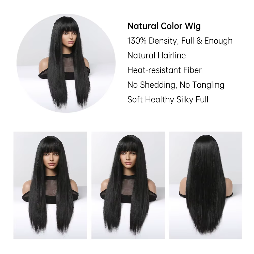 EASIHAIR – perruques synthétiques longues et lisses avec frange, perruques noires de fête Cosplay Lo