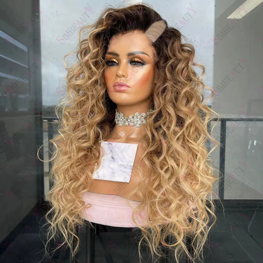 Perruques V-Part Blond Miel Mèches Dorées Cheveux Humains 100% Non Traités Bouclés Crépus Ombré Brun