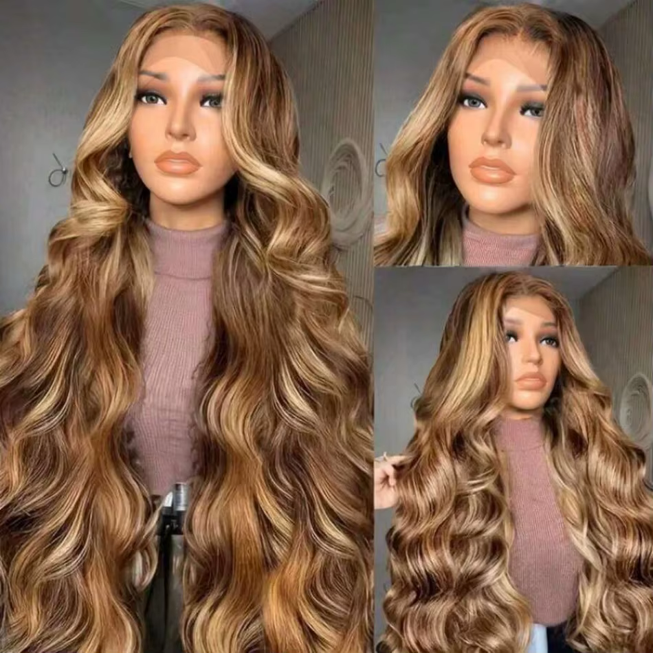 Perruque frontale en dentelle HD 13x6, Perruque Ombrée avec mèches, Cheveux Humains, Ondulation Body