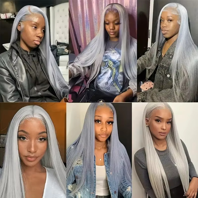 Perruque de couleur gris argenté 13x6 os droit dentelle avant perruque de cheveux humains brésilien 