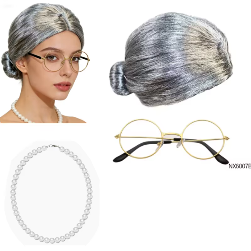 Ensemble Perruque et Lunettes de Grand-Mère pour Adulte - Perruque Grise avec Chignon pour Déguiseme
