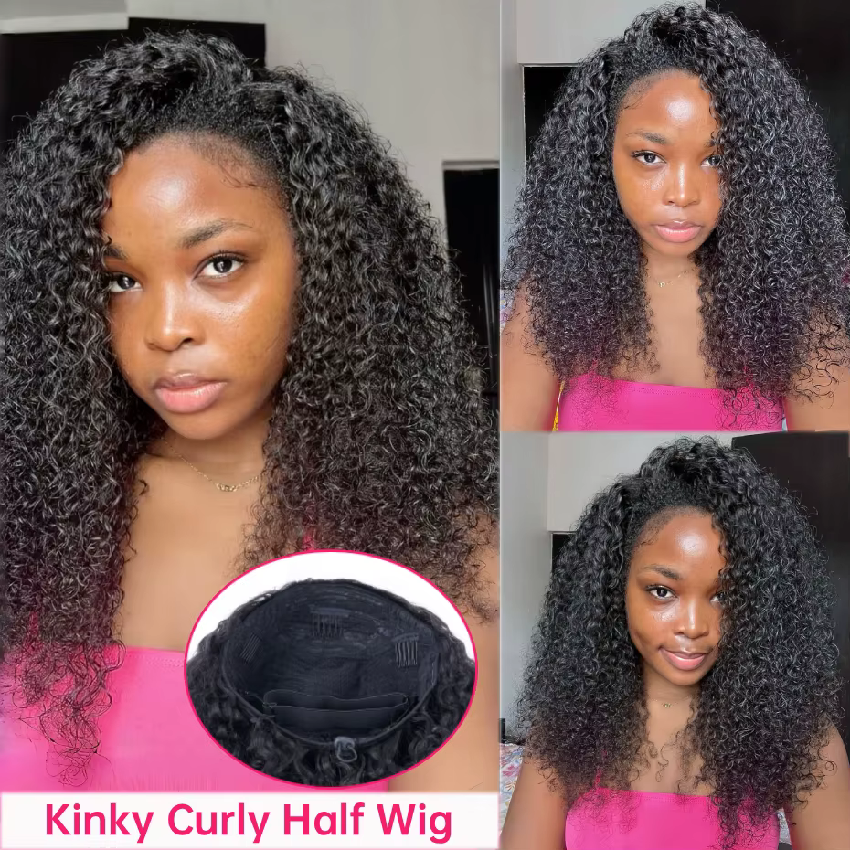 Perruque mi-tête bouclée crépue en cheveux humains pour femmes, avec sangle Invisi Fit, perruque à e
