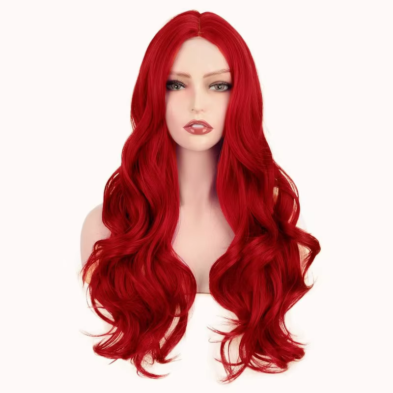 Perruque synthétique ondulée longue bouclée rouge résistante à la chaleur avec frange pour femmes, p