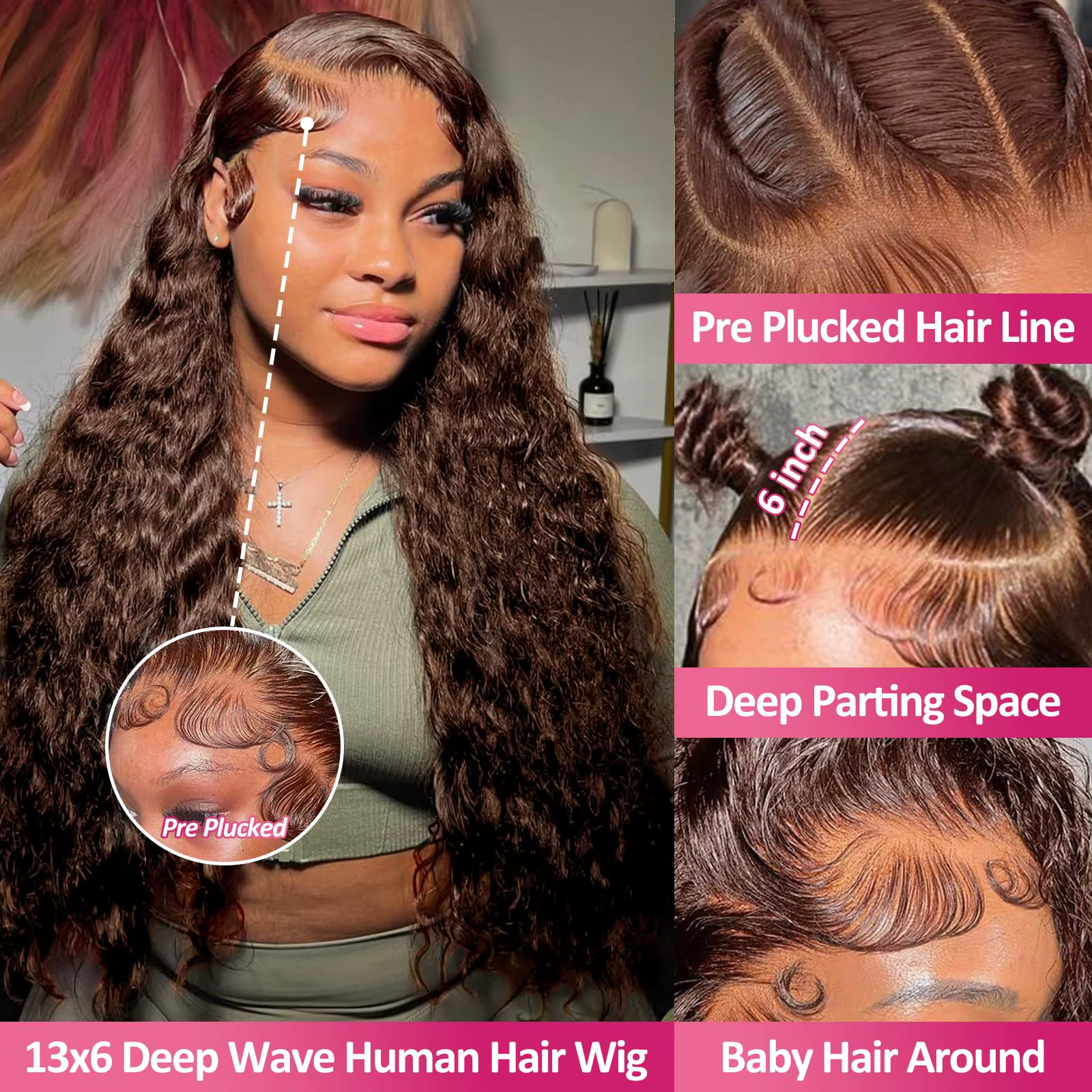 210 densité vague profonde chocolat brun 13x6 perruque de cheveux humains Hd dentelle frontale perru