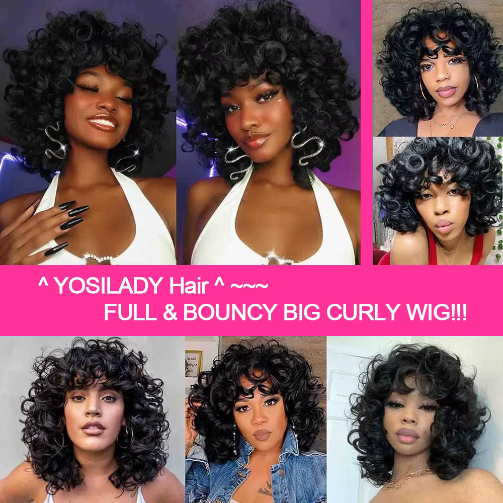 300% haute densité oeuf Curl coupe lutin perruque cheveux humains avec frange vague d'eau courte Bob