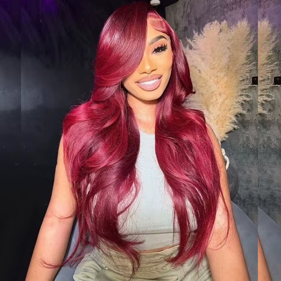 Perruque Lace Front Wig naturelle Body Wave-Tuneful, rouge bordeaux 99J, 13x6, HD