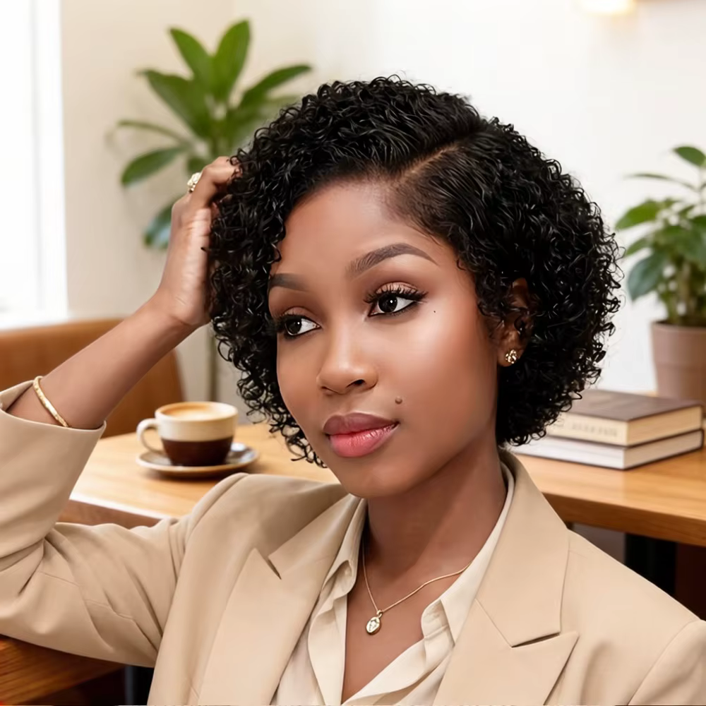 Perruque élégante en cheveux humains Remy, coupe pixie ondulée bouclée, avec dentelle frontale 13x4x