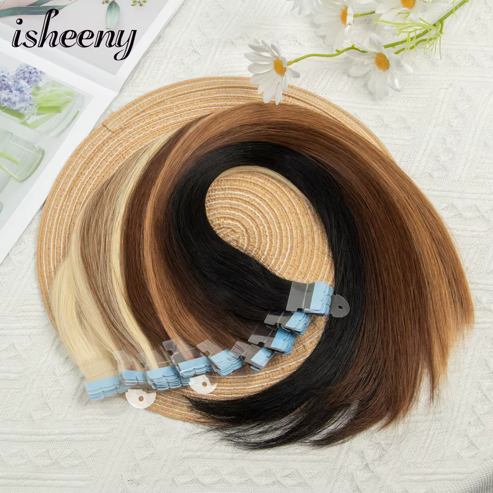 Isheeny-Extensions de Cheveux Humains Remy, Bande Adhésive, Noir Naturel, Marron, Blond, 12 à 24 Pou