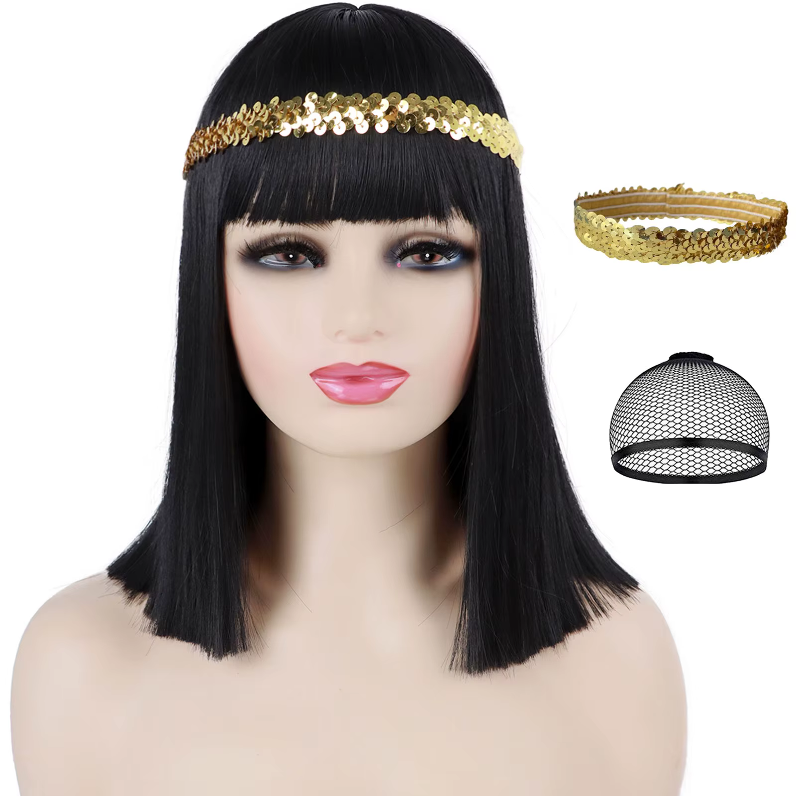 Perruque synthétique reine Cléopâtre égyptienne de 14 pouces, cheveux noirs courts et lisses avec fr