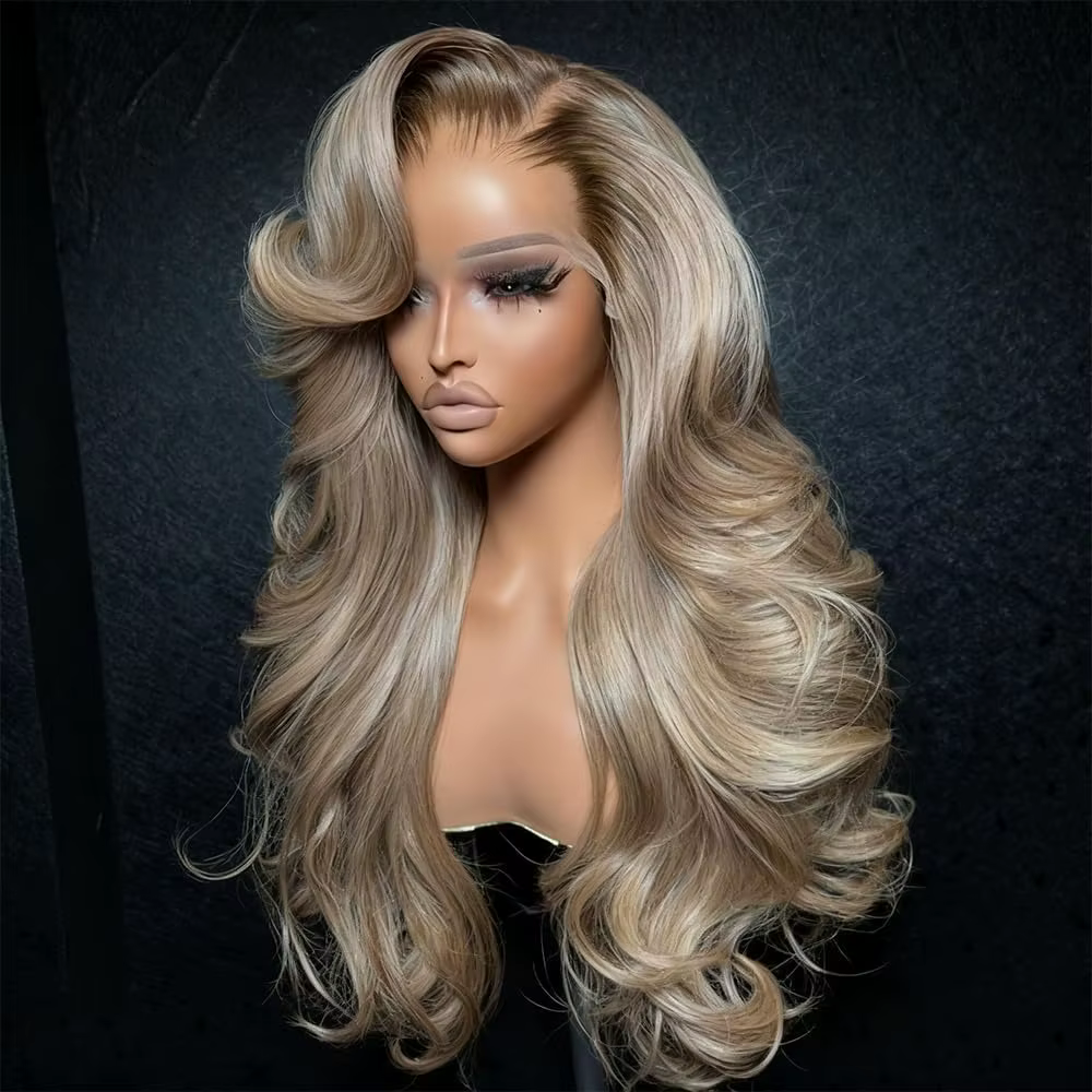 Perruques Lace Front 13x4 Ombré Blond avec Racines Colorées pour Femmes, Cheveux Humains Ondulés Omb