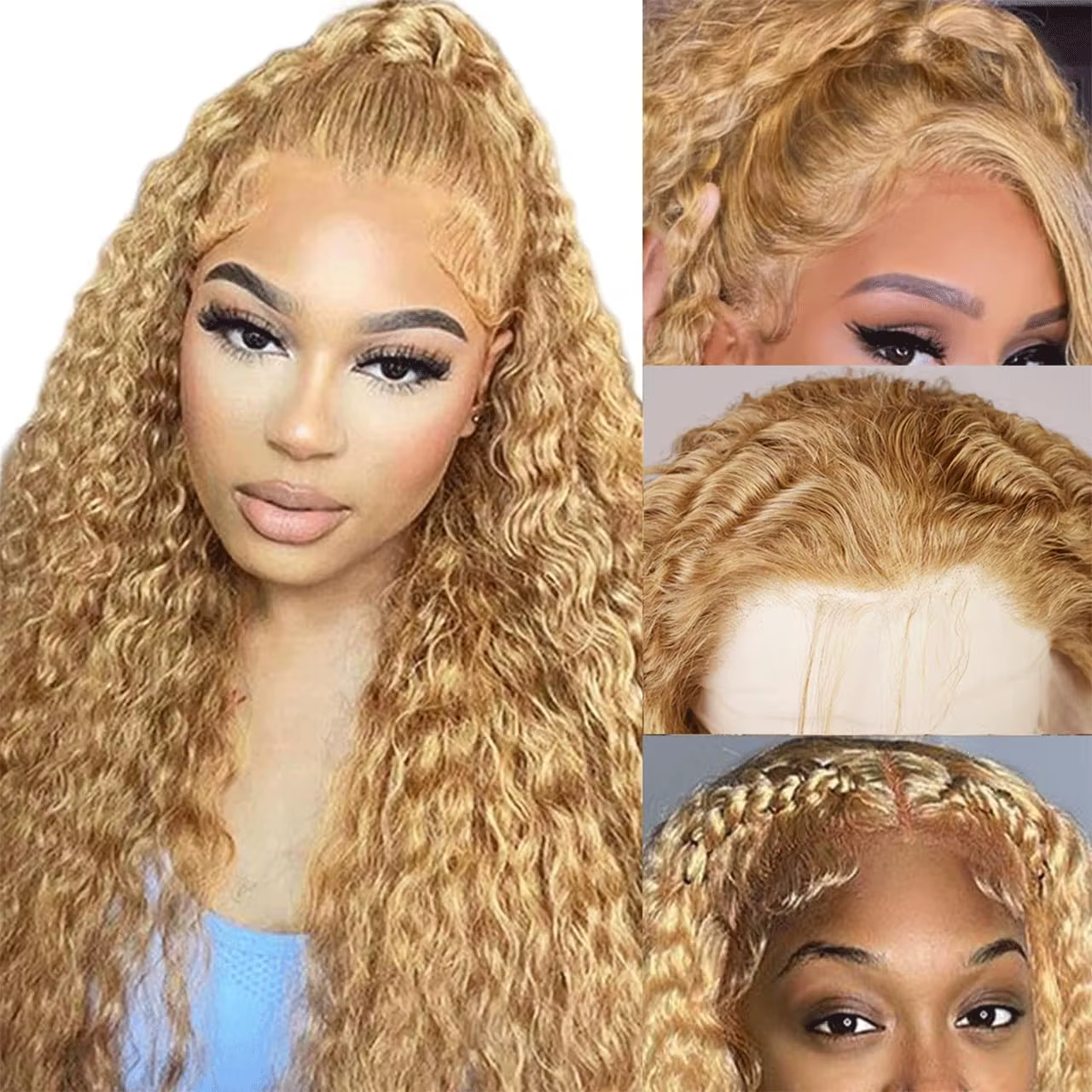 VARRUG − Perruque naturelle, avec bonnet en dentelle, cheveux bouclés, couleur blond miel 27, 13x4,