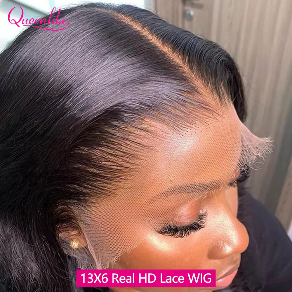 Queenlike 26 pouces 13x6 HD dentelle frontale perruques de cheveux humains droite Remy cheveux front