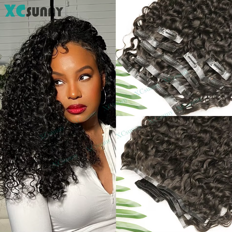 Extensions de cheveux bouclés à clipser, trame en PU, cheveux humains véritables, clips pour une têt