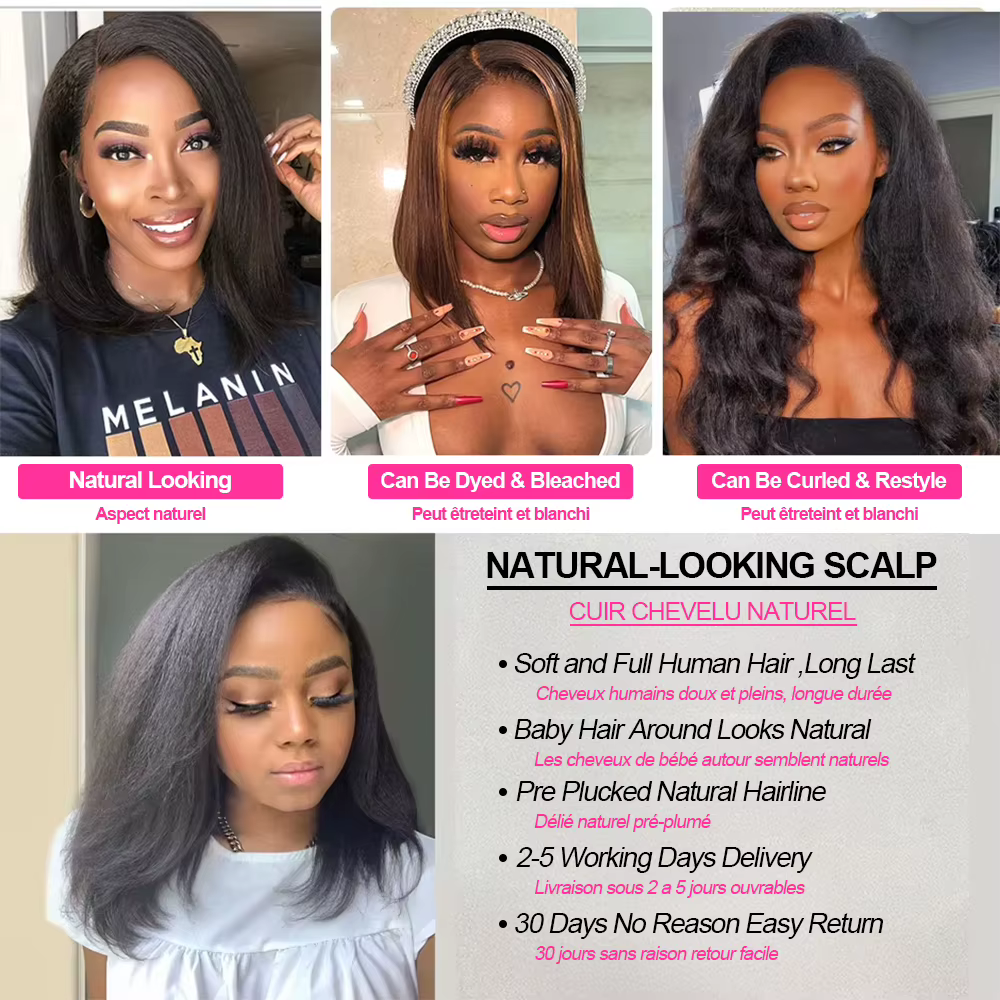 Perruque Bob Lace Front sans colle, cheveux humains brésiliens Remy, texture Kinky Straight, couleur