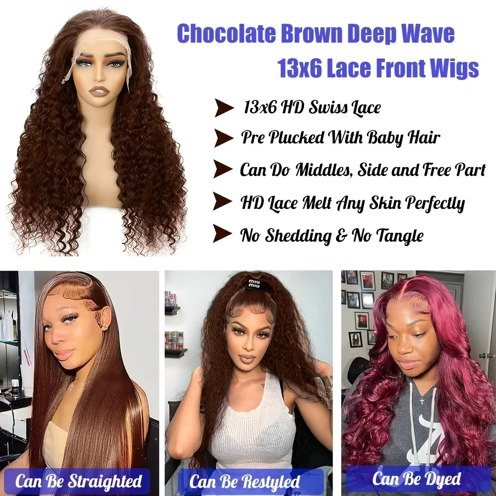 Perruque Lace Front Wig naturelle brune chocolat ondulée, cheveux humains ondulés, 13x6, densité 220