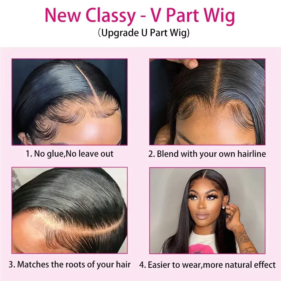 Perruques de cheveux humains lisses avec partie en V pour femmes, cheveux Remy brésiliens, couleur n