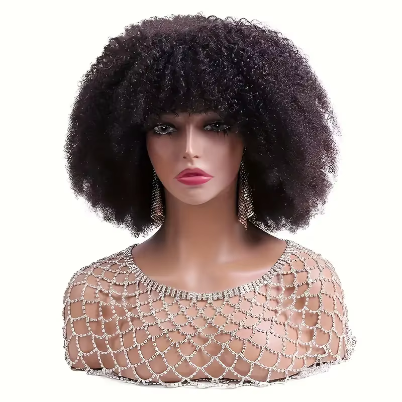 Perruque Brésilienne Remy 180% Naturelle Crépue Bouclée avec Frange, Cheveux Courts Faits à la Machi