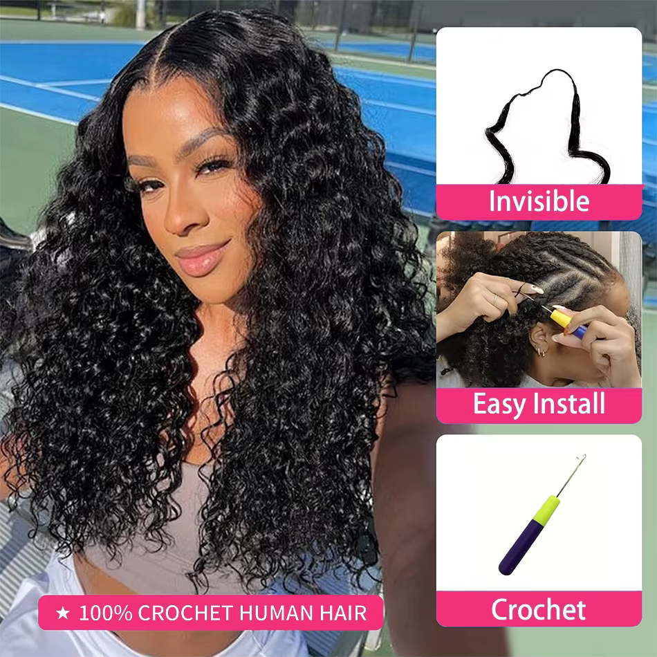 Extension de cheveux 100% naturels bouclés profonds, plumes au Crochet, pré-séparées, sans nœuds, po