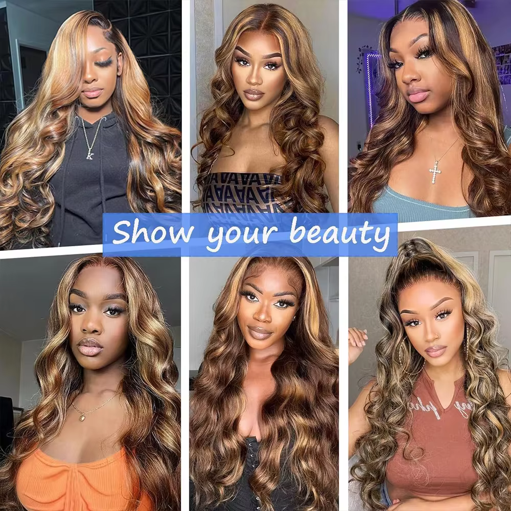 Perruques Body Wave P4/27 à 220 % de densité, avec mèches colorées, en dentelle transparente HD 13x4