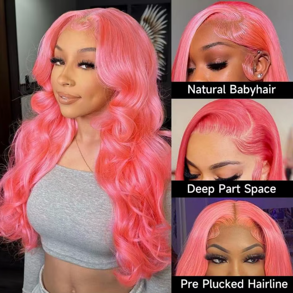 Perruque en cheveux humains rose, ondulée, avec dentelle frontale 13x6 HD, densité 250, cheveux brés