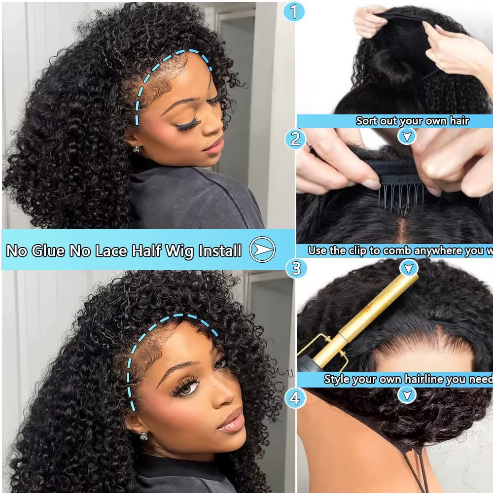 250% demi-perruque cheveux humains Afro crépus bouclés bandeau perruque mise à niveau 3 en 1 demi-pe