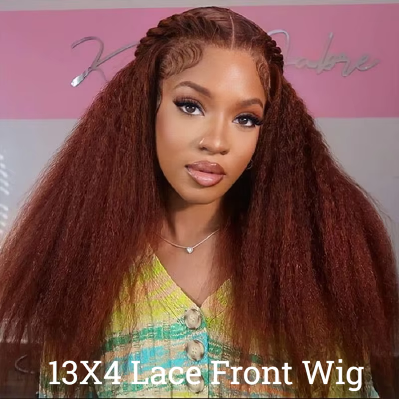 13X4 brun rougeâtre crépus droite dentelle frontale perruque cheveux humains Auburn cuivre Yaki droi