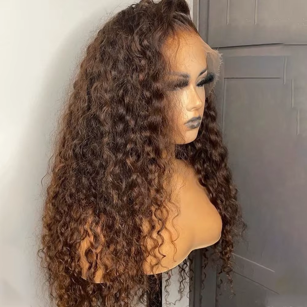 Perruque avant en dentelle ondulée perruque bouclée brun chocolat pré plumée avec des cheveux de béb
