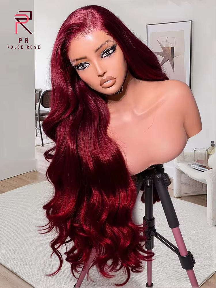 Perruque en dentelle HD bordeaux 13x6, cheveux humains pré-épilés, ondulés, 99J, perruque frontale e