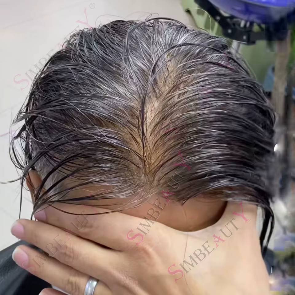 80% densité cheveux humains naturels blond platine Invisible 0.02mm peau Super fine blanc gris 1B50